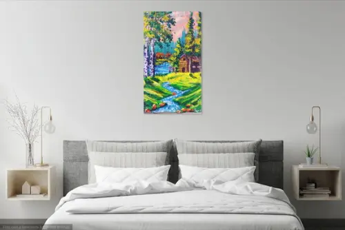 Quadro Pintura em Tela Paisagem Rural Montanhas Bétulas