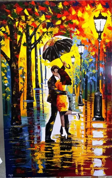 Quadro Pintura em Tela Urbana Dançando na Chuva Black Friday