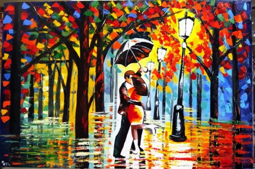Quadro Pintura Moderno Casal Dançando na Chuva Black Friday