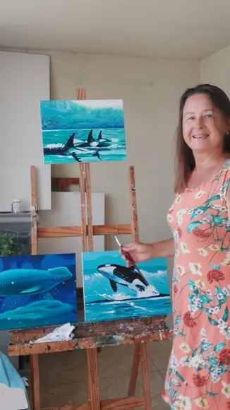 Quadro Pintura Tela Marina Baleias Nadando no Mar Peixe Fish