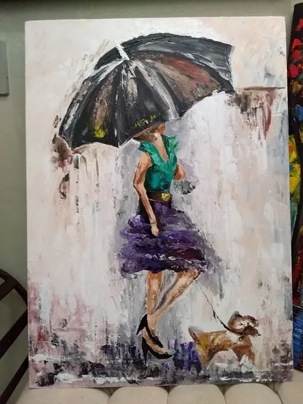 Quadro Pintura Tela Moderno Mulher com Cão Rain Black Friday