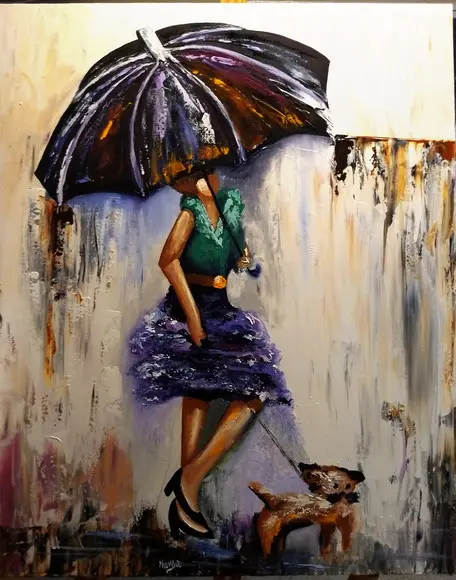 Quadro Pintura Tela Moderno Mulher com Cão Rain Black Friday