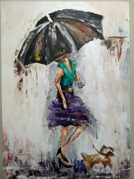 Quadro Pintura Tela Moderno Mulher com Cão Rain Black Friday