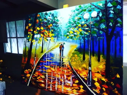 Quadro Pintura Tela Paisagem Abstrato Moderno Chuva Parque