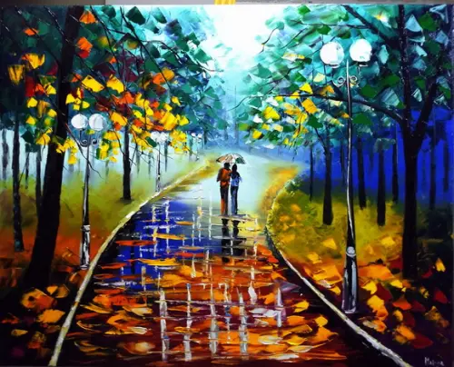 Quadro Pintura Tela Paisagem Abstrato Moderno Chuva Parque
