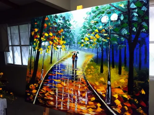 Quadro Pintura Tela Paisagem Abstrato Moderno Chuva Parque
