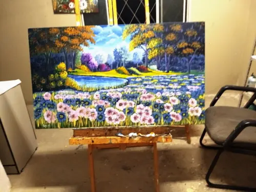 Quadro Pintura Tela Paisagem Campo Florido Presente de Natal