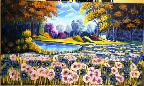 Quadro Pintura Tela Paisagem Campo Florido Presente de Natal