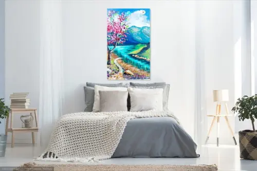 Quadro Pintura Tela Paisagem Campo Ipê Rosa ao Lado do Rio