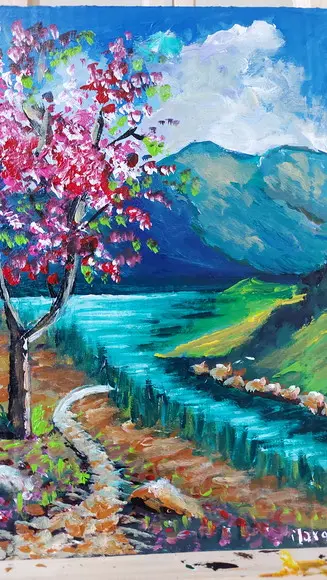 Quadro Pintura Tela Paisagem Campo Ipê Rosa ao Lado do Rio
