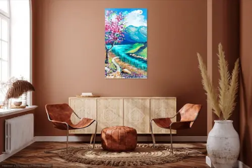 Quadro Pintura Tela Paisagem Campo Ipê Rosa ao Lado do Rio