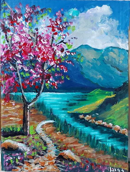 Quadro Pintura Tela Paisagem Campo Ipê Rosa ao Lado do Rio