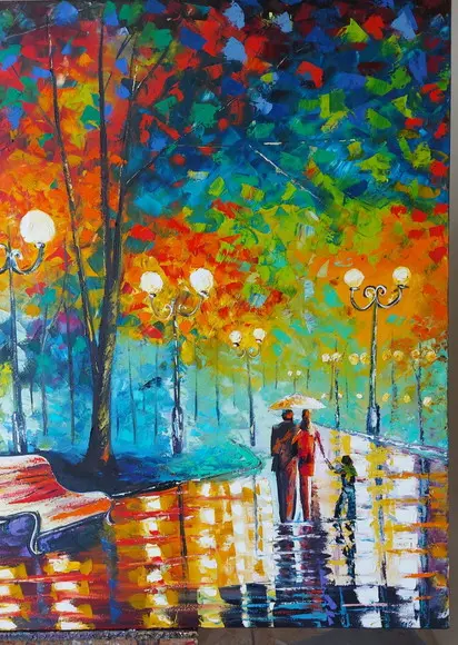 Quadro Pintura Tela Paisagem Urbana Família Passeio Parque