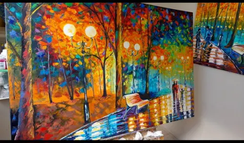 Quadro Pintura Tela Paisagem Urbana Família Passeio Parque