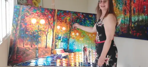 Quadro Pintura Tela Paisagem Urbana Passeio em Família