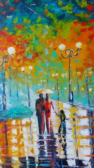 Quadro Pintura Tela Paisagem Urbana Passeio em Família