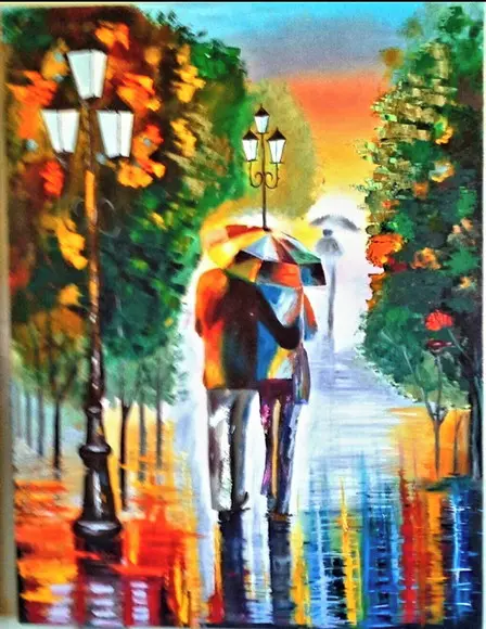 Quadro Sala Paisagem Urbana Casal na Chuva Presente de Natal