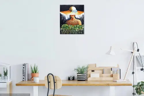 Quadros Decorativos para Sala Pintura Tela Mulher de Chapéu