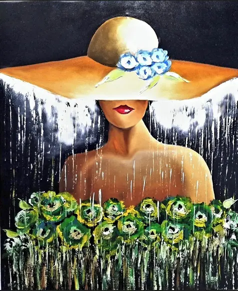 Quadros Decorativos para Sala Pintura Tela Mulher de Chapéu