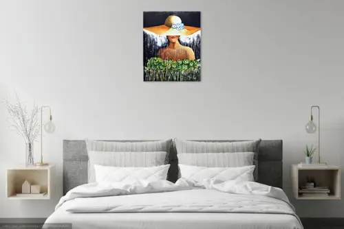 Quadros Decorativos para Sala Pintura Tela Mulher de Chapéu