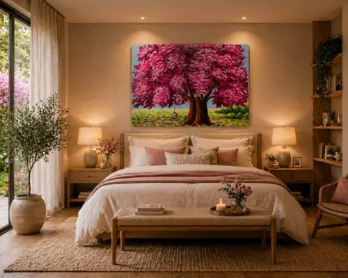 Quadros Decorativos Pintura em Tela Árvore Jacarandá Florido