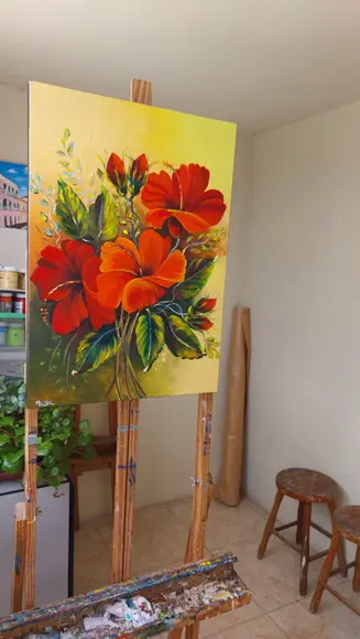 Quadros Decorativos Pintura em Tela Hibiscus Vermelhos