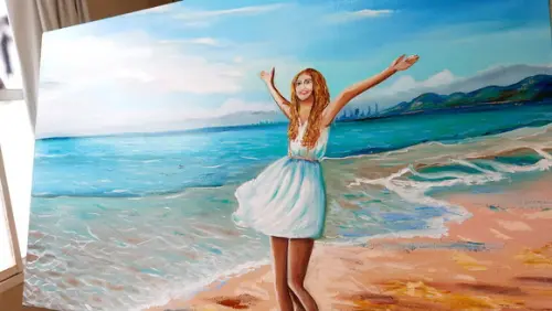 Quadros Decorativos Pintura Tela Paisagem Mar Mulher Praia