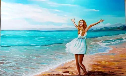 Quadros Decorativos Pintura Tela Paisagem Mar Mulher Praia