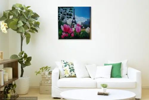 Quadros Grandes para Sala Pintura Tela Tulípas Torre Eifel