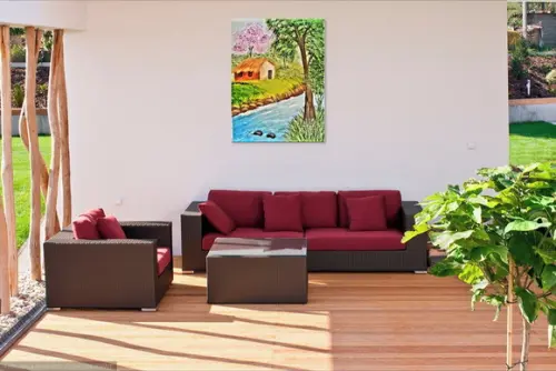 Quadros Paisagem Casinha de Sapê Ipê Rosa Presente de Natal