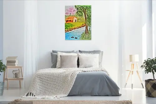 Quadros Paisagem Casinha de Sapê Ipê Rosa Presente de Natal