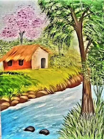 Quadros Paisagem Casinha de Sapê Ipê Rosa Presente de Natal