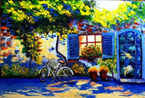 Quadros para Sala Paisagem Casario Bike Presente de Natal