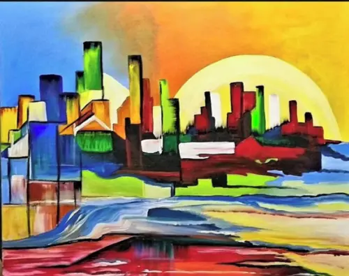 Quadros para Sala Pintura em Tela Abstrato Cidade Imaginária