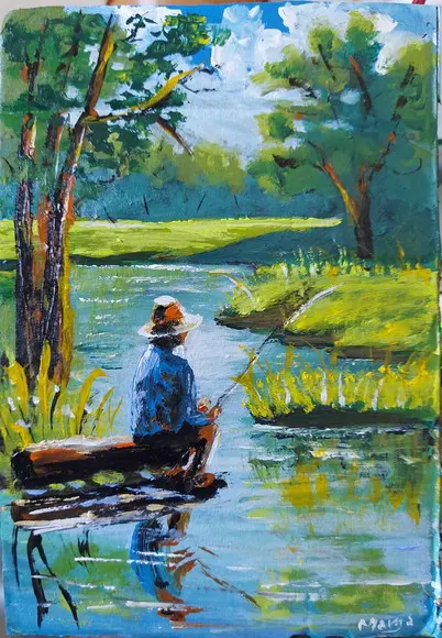 Quadros para Sala Pintura em Tela Animais Peixes Pescador