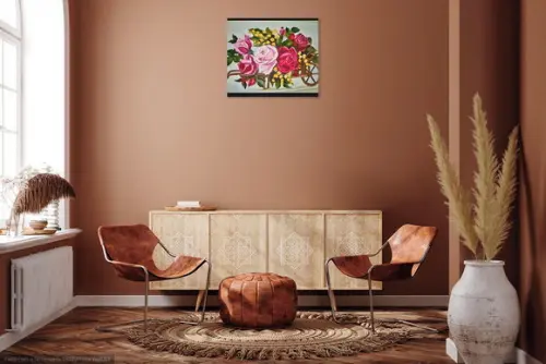 Quadros para Sala Pintura em Tela Floral Carroça de Rosas