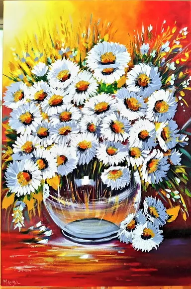 Quadros para Sala Pintura em Tela Floral Margaridas no Vaso