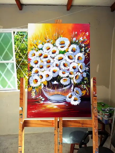 Quadros para Sala Pintura em Tela Floral Margaridas no Vaso
