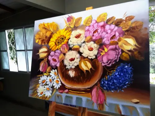 Quadros para Sala Pintura em Tela Floral Rosas Vaso de Flor