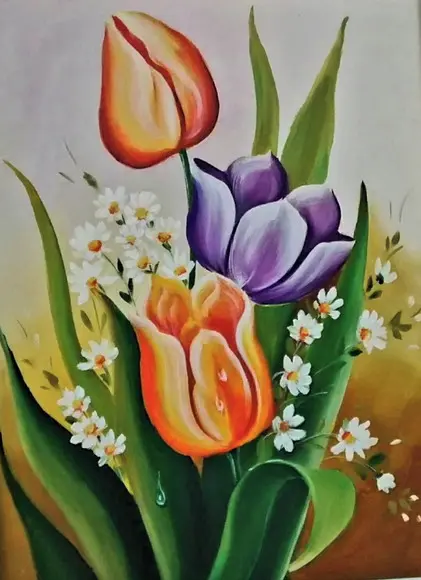 Quadros para Sala Pintura em Tela Floral Tulípas Coloridas