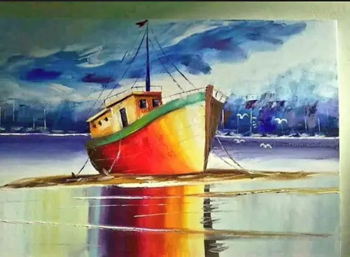 Quadros para Sala Pintura em Tela Marina Barco Ancorado