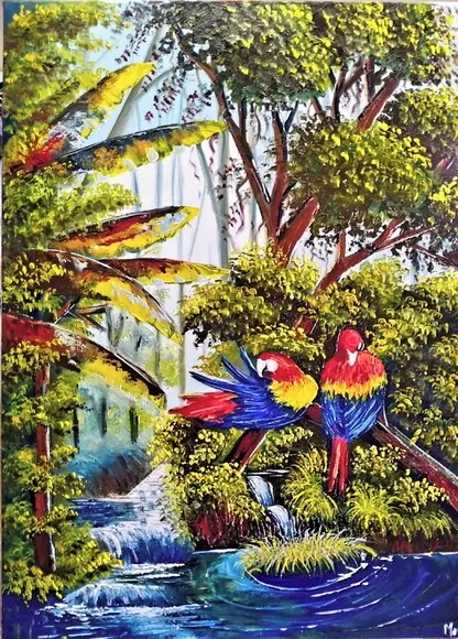Quadros para Sala Pintura em Tela Paisagem Amazônia Araras