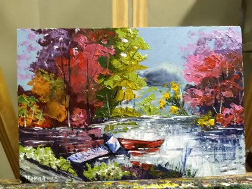 Quadros para Sala Pintura em Tela Paisagem Barcos no Lago