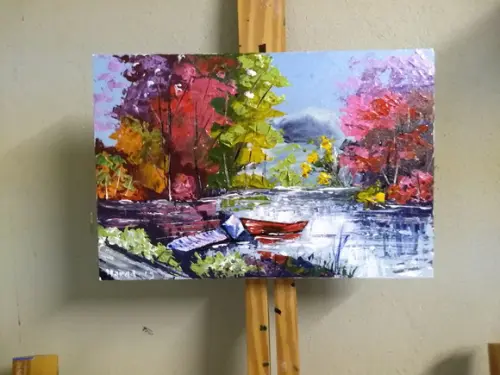 Quadros para Sala Pintura em Tela Paisagem Barcos no Lago