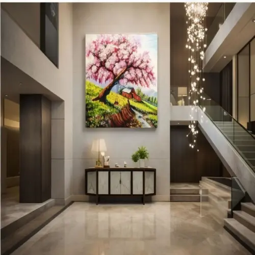 Quadros para Sala Pintura em Tela Paisagem Campo Ipê Rosa