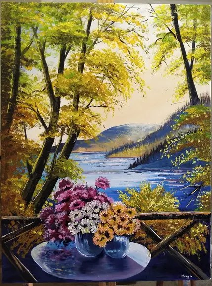 Quadros para Sala Pintura em Tela Paisagem Flores na Varanda