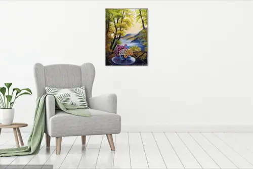 Quadros para Sala Pintura em Tela Paisagem Flores na Varanda