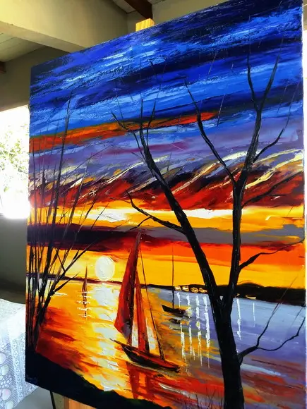 Quadros para Sala Pintura em Tela Paisagem Marina Por do Sol