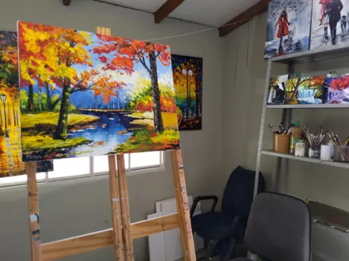 Quadros para Sala Pintura em Tela Paisagem Outono Lago Azul