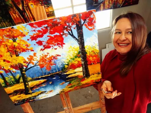 Quadros para Sala Pintura em Tela Paisagem Outono Lago Azul